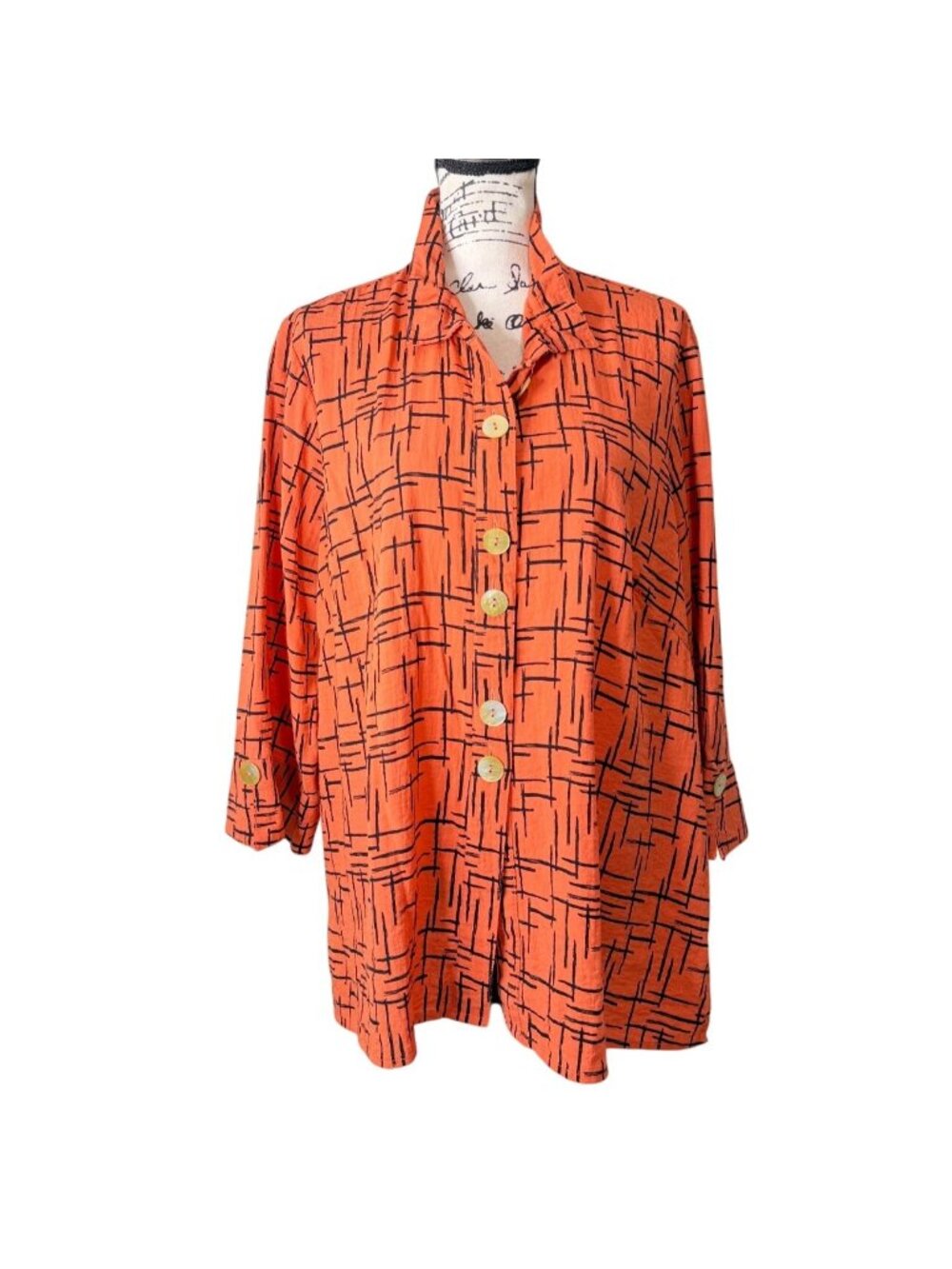 Ali Miles Womens Size 1X Tunic Button-Up Orange Black Abstract Top Lagenlook